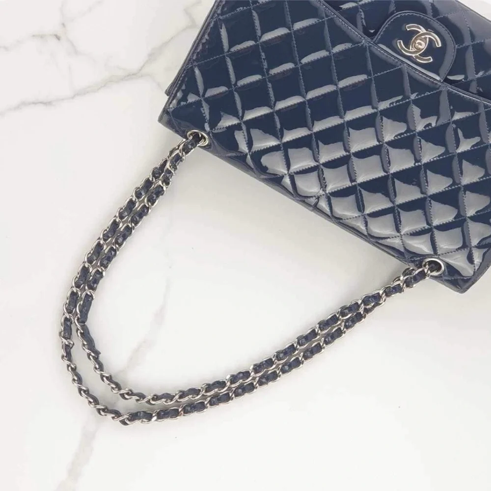 Chanel Navy Quilted Patent Leather Jumbo Maxi Bag - Picture 3 of 13